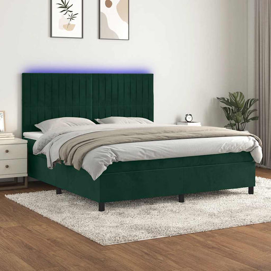 vidaXL Κρεβάτι Boxspring με Στρώμα & LED Σκ. Πράσινο 160x200εκ Βελούδο