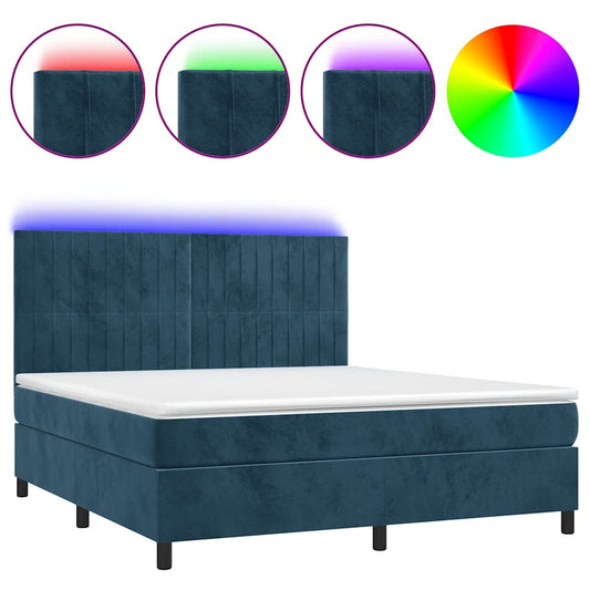 vidaXL Κρεβάτι Boxspring με Στρώμα & LED Σκ. Μπλε 160x200εκ. Βελούδινο