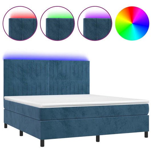 vidaXL Κρεβάτι Boxspring με Στρώμα & LED Σκ. Μπλε 180x200εκ. Βελούδινο