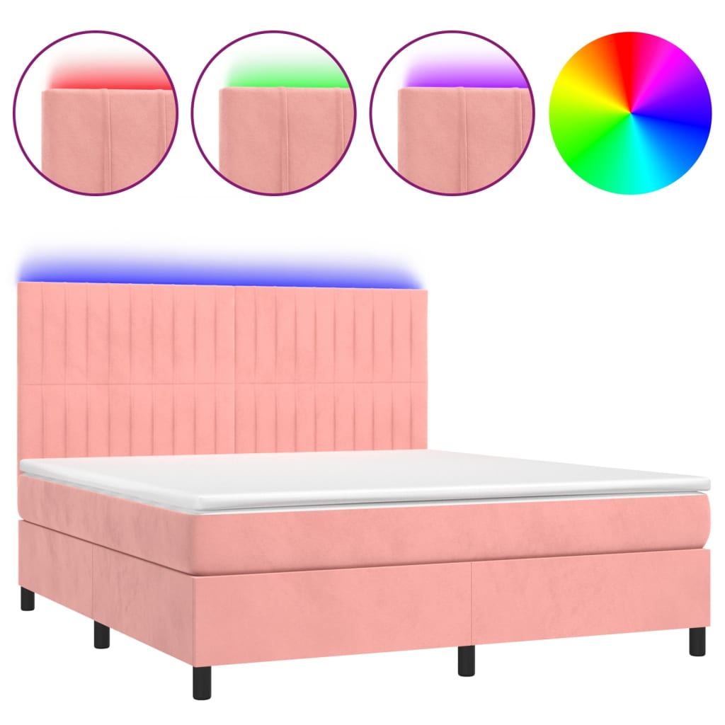 vidaXL Κρεβάτι Boxspring με Στρώμα & LED Ροζ 180x200 εκ. Βελούδινο