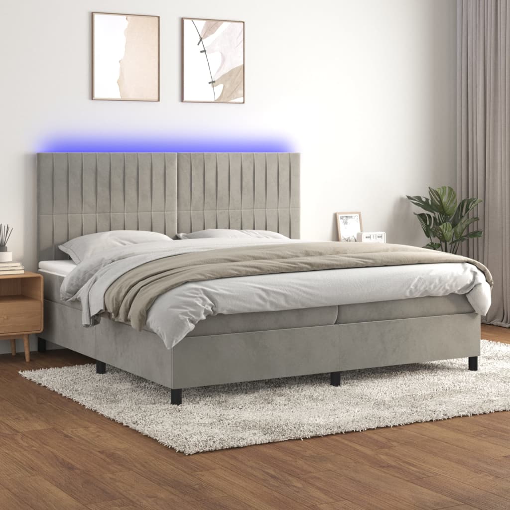 vidaXL Κρεβάτι Boxspring με Στρώμα & LED Αν.Γκρι 200x200 εκ. Βελούδινο