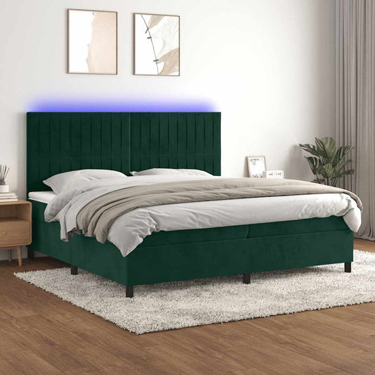 vidaXL Κρεβάτι Boxspring με Στρώμα & LED Σκ. Πράσινο 200x200εκ Βελούδο