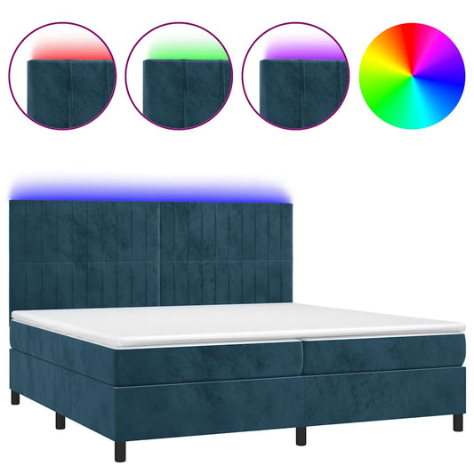 vidaXL Κρεβάτι Boxspring με Στρώμα & LED Σκ. Μπλε 200x200εκ. Βελούδινο