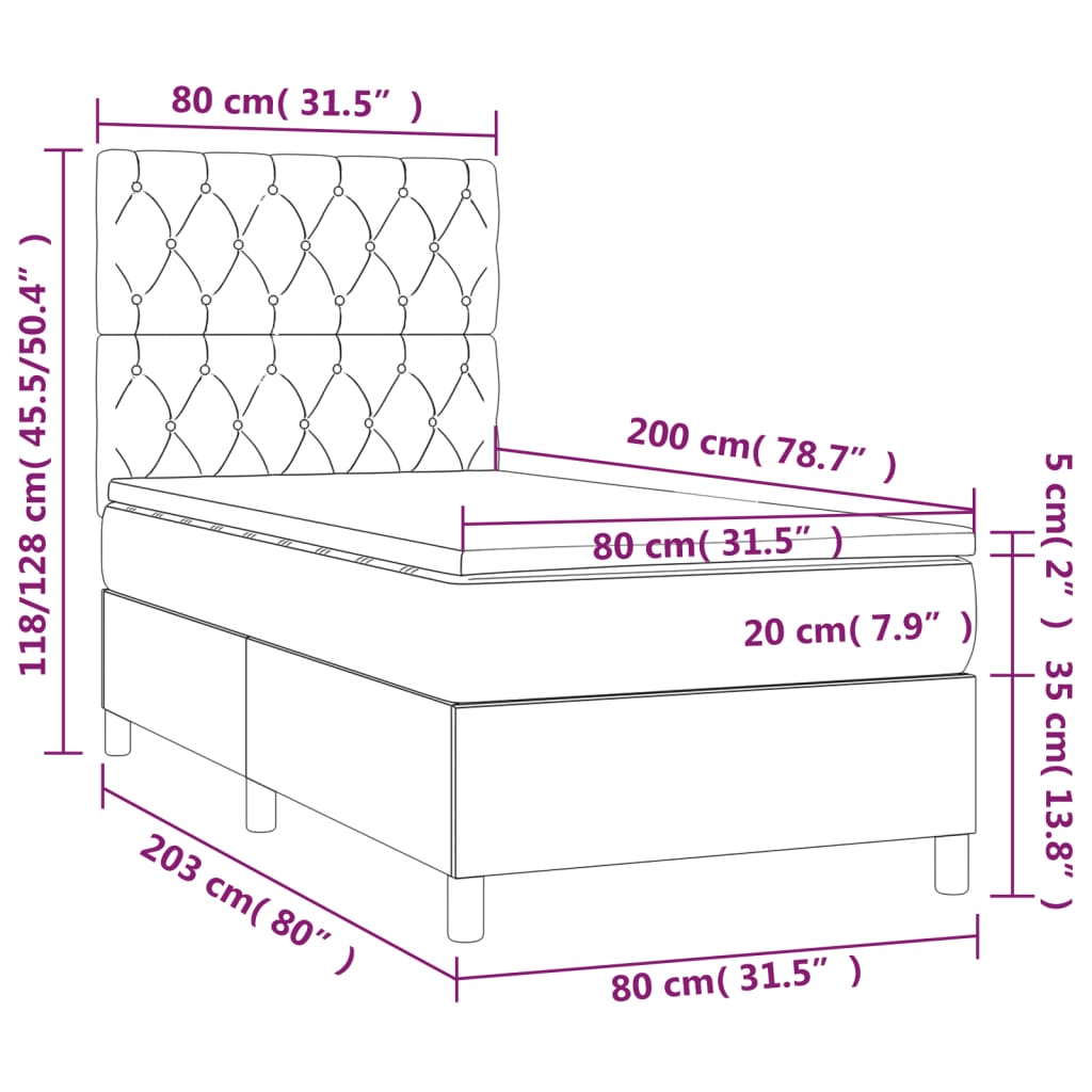 vidaXL Κρεβάτι Boxspring με Στρώμα & LED Αν.Γκρι 80x200 εκ. Βελούδινο