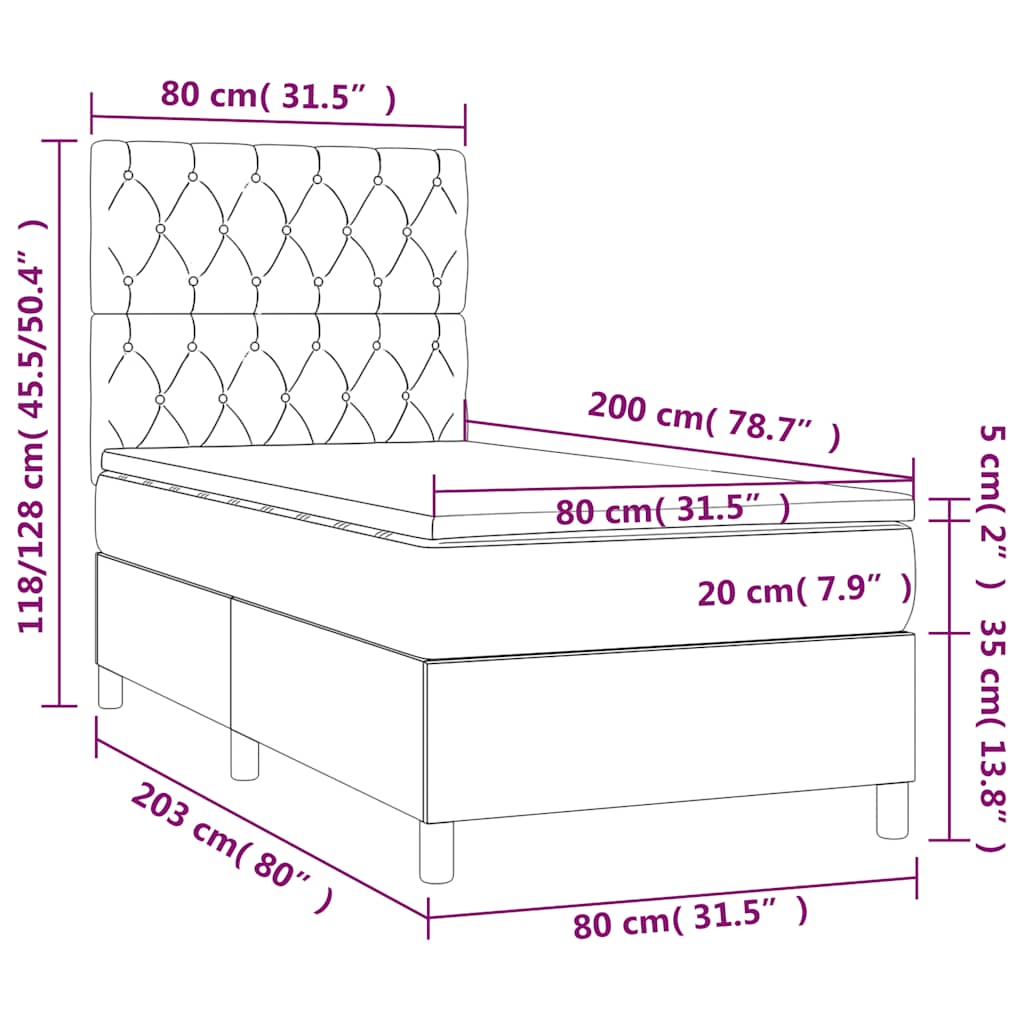 vidaXL Κρεβάτι Boxspring με Στρώμα & LED Σκ. Πράσινο 80x200 εκ Βελούδο