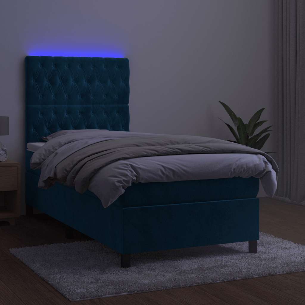 vidaXL Κρεβάτι Boxspring με Στρώμα & LED Σκ. Μπλε 80x200 εκ. Βελούδινο