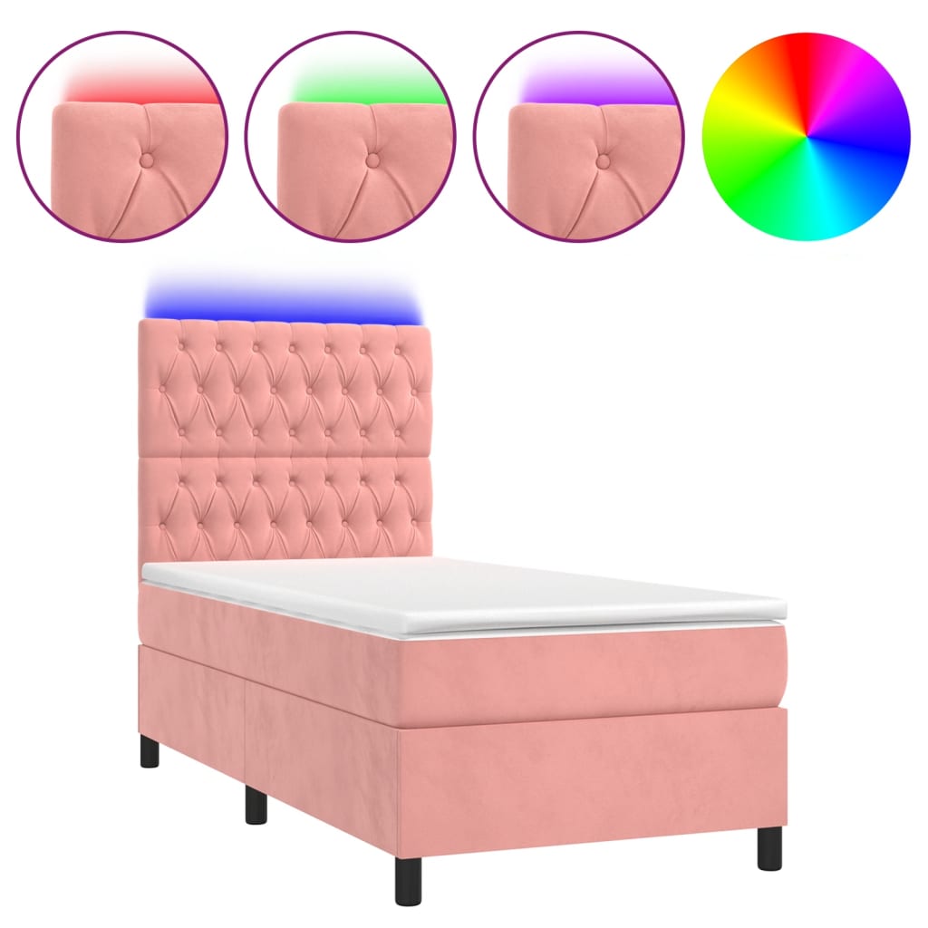 vidaXL Κρεβάτι Boxspring με Στρώμα & LED Ροζ 80 x 200 εκ. Βελούδινο