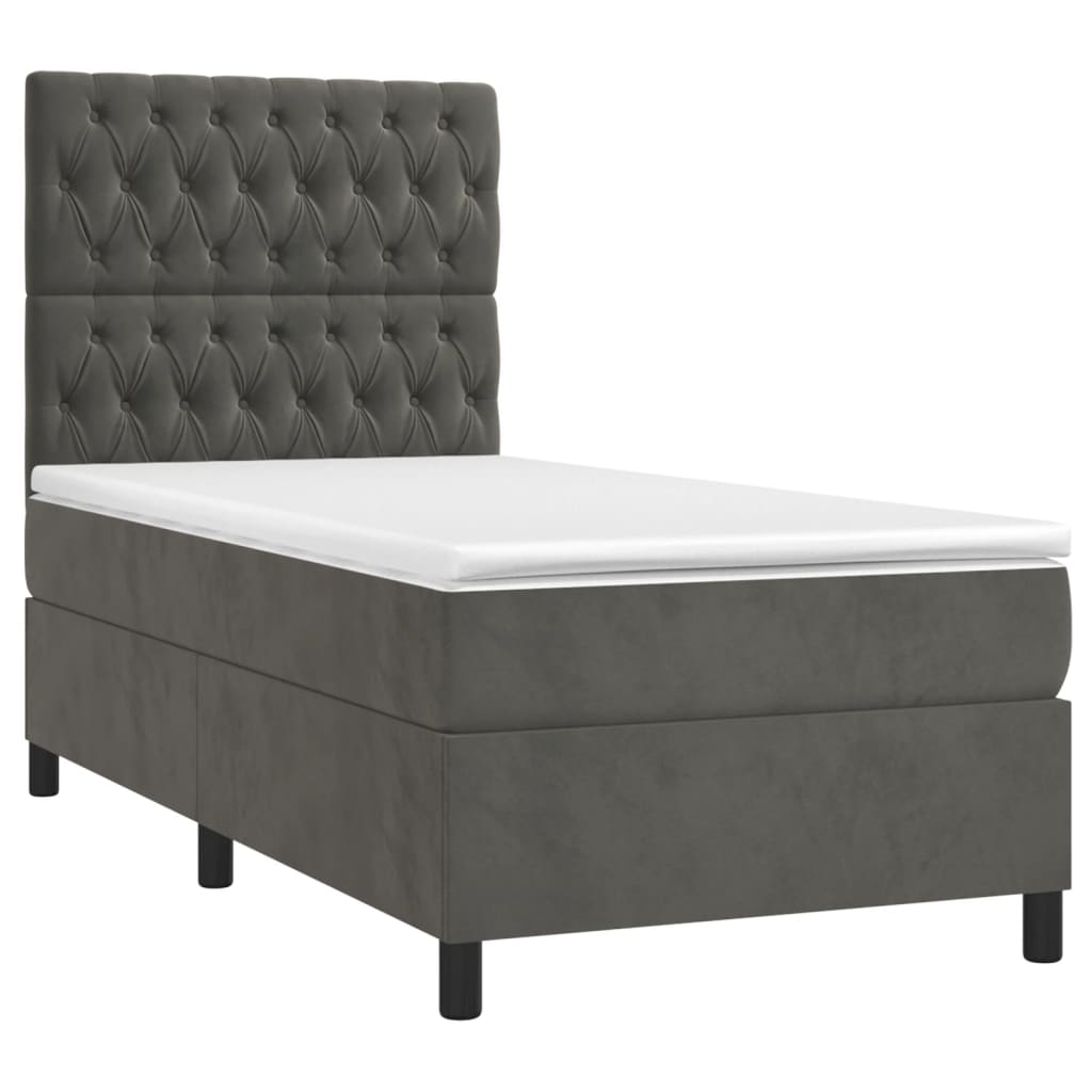 vidaXL Κρεβάτι Boxspring με Στρώμα & LED Σκ. Γκρι 90x190 εκ. Βελούδινο
