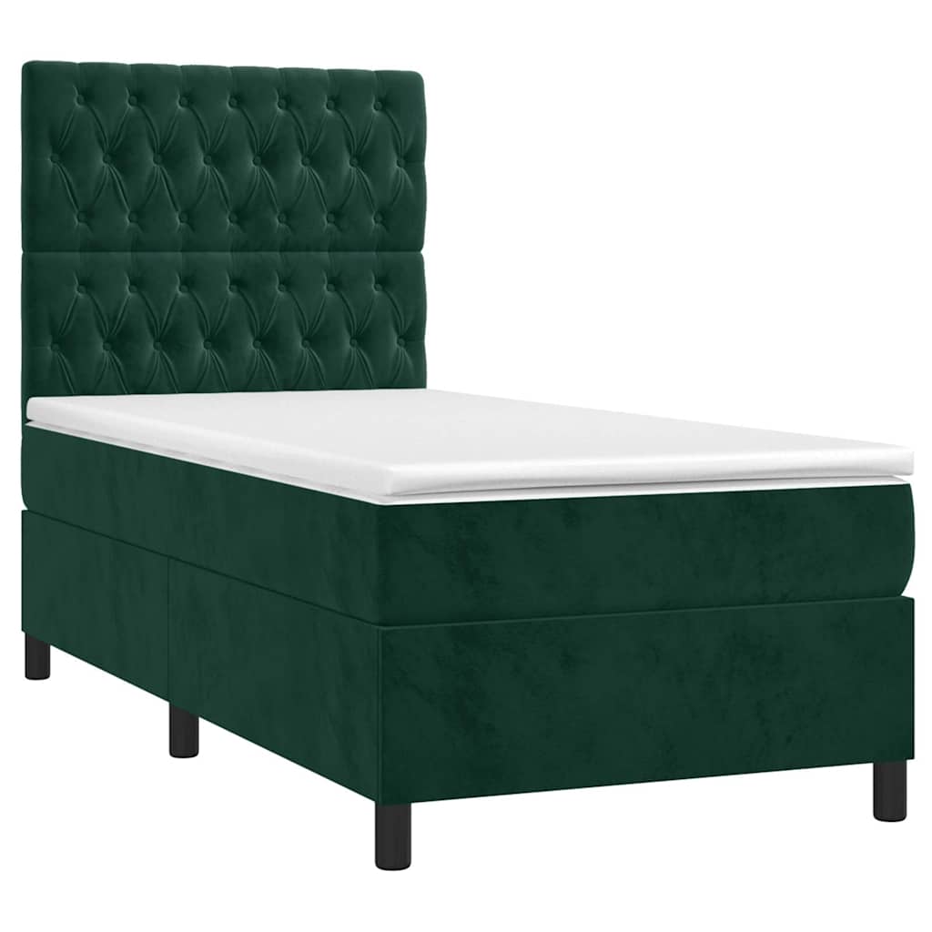 vidaXL Κρεβάτι Boxspring με Στρώμα & LED Σκ. Πράσινο 90x190 εκ Βελούδο