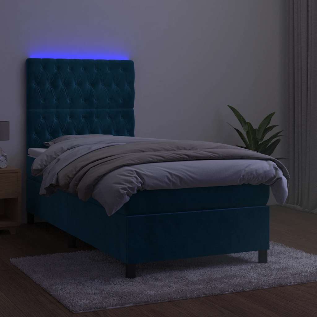 vidaXL Κρεβάτι Boxspring με Στρώμα & LED Σκ. Μπλε 90x190 εκ. Βελούδινο