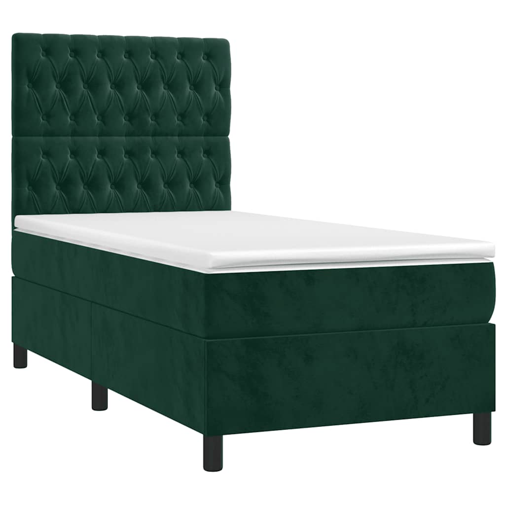 vidaXL Κρεβάτι Boxspring με Στρώμα & LED Σκ. Πράσινο 90x200 εκ Βελούδο