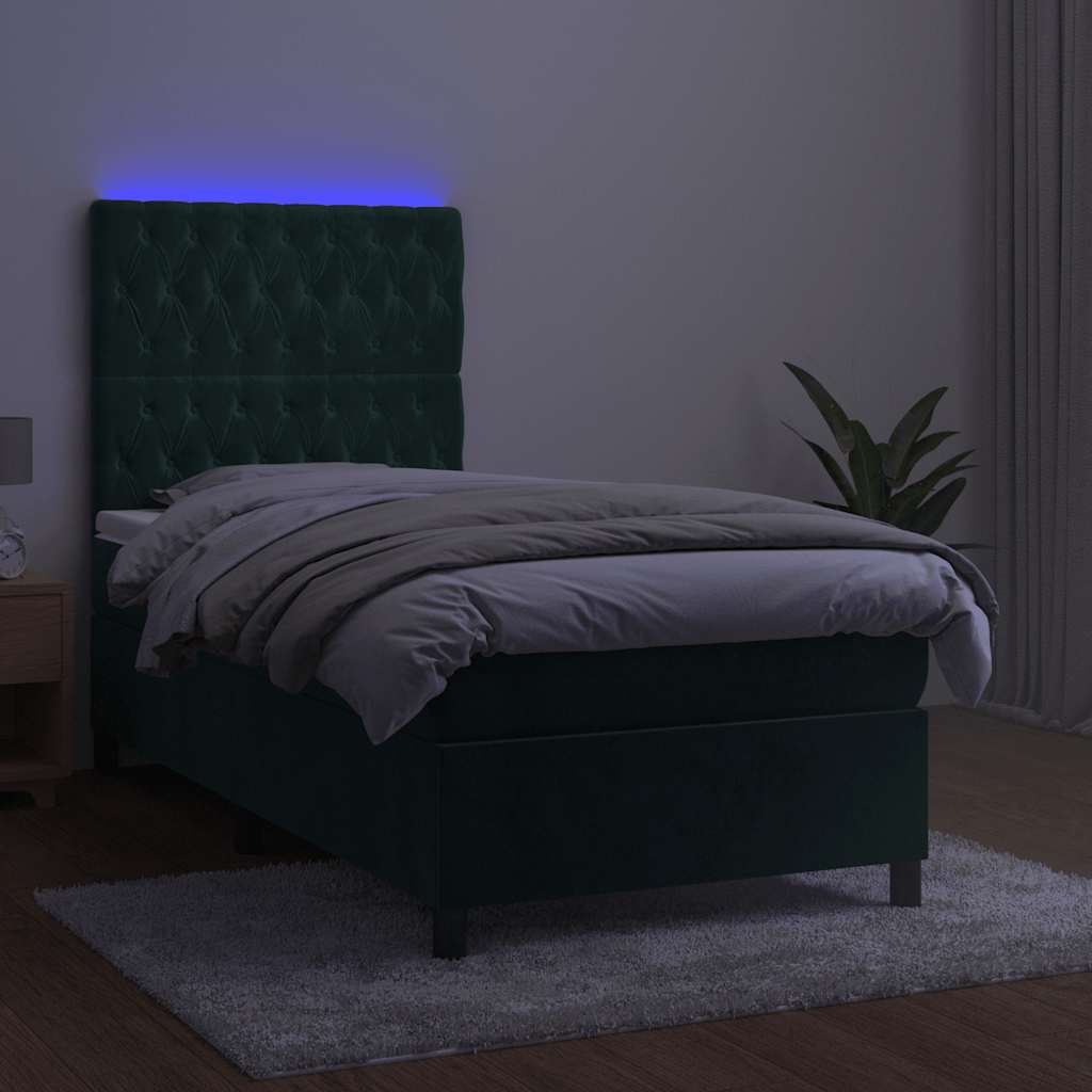vidaXL Κρεβάτι Boxspring με Στρώμα & LED Σκ. Πράσινο 90x200 εκ Βελούδο