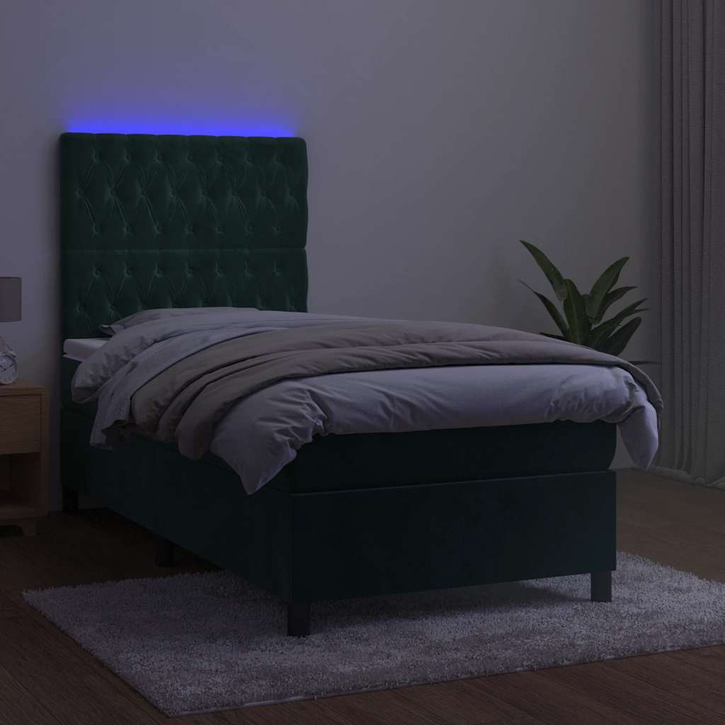 vidaXL Κρεβάτι Boxspring με Στρώμα & LED Σκ. Πράσινο 100x200εκ Βελούδο