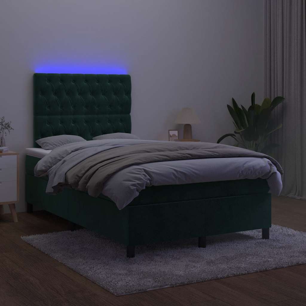vidaXL Κρεβάτι Boxspring με Στρώμα & LED Σκ. Πράσινο 120x200εκ Βελούδο