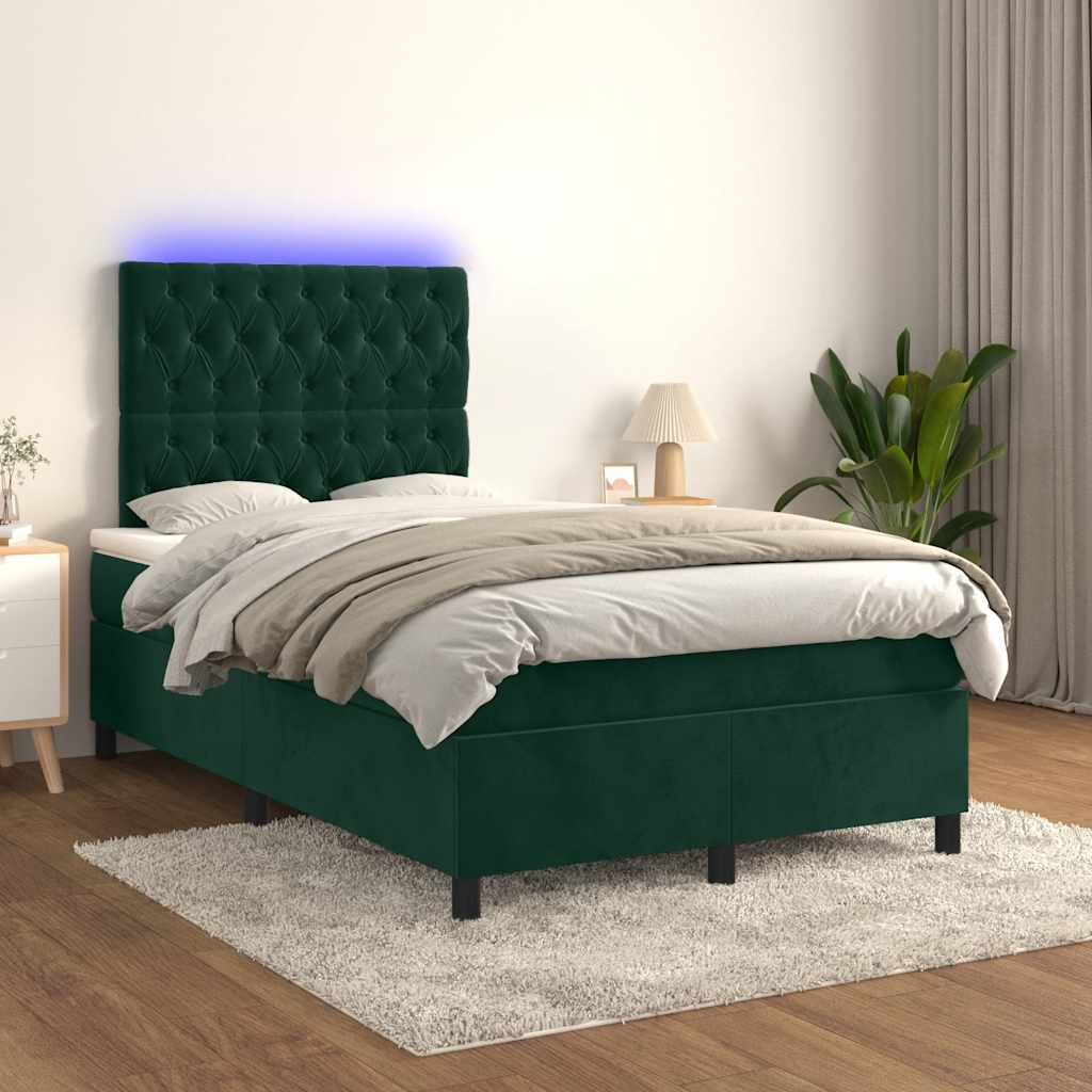 vidaXL Κρεβάτι Boxspring με Στρώμα & LED Σκ. Πράσινο 120x200εκ Βελούδο