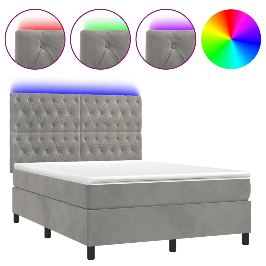 vidaXL Κρεβάτι Boxspring με Στρώμα&LED Αν. Γκρι 140x190 εκ. Βελούδινο