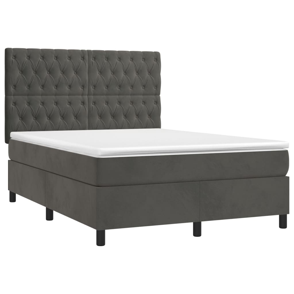 vidaXL Κρεβάτι Boxspring με Στρώμα & LED Σκ. Γκρι 140x190εκ. Βελούδινο