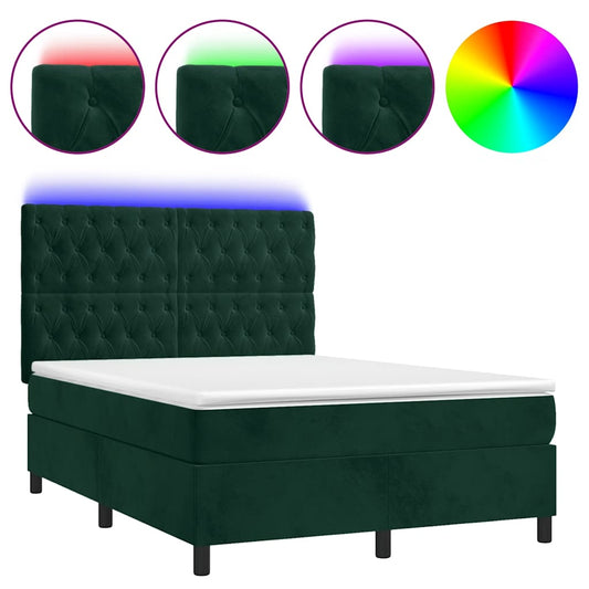 vidaXL Κρεβάτι Boxspring με Στρώμα & LED Σκ. Πράσινο 140x190εκ Βελούδο