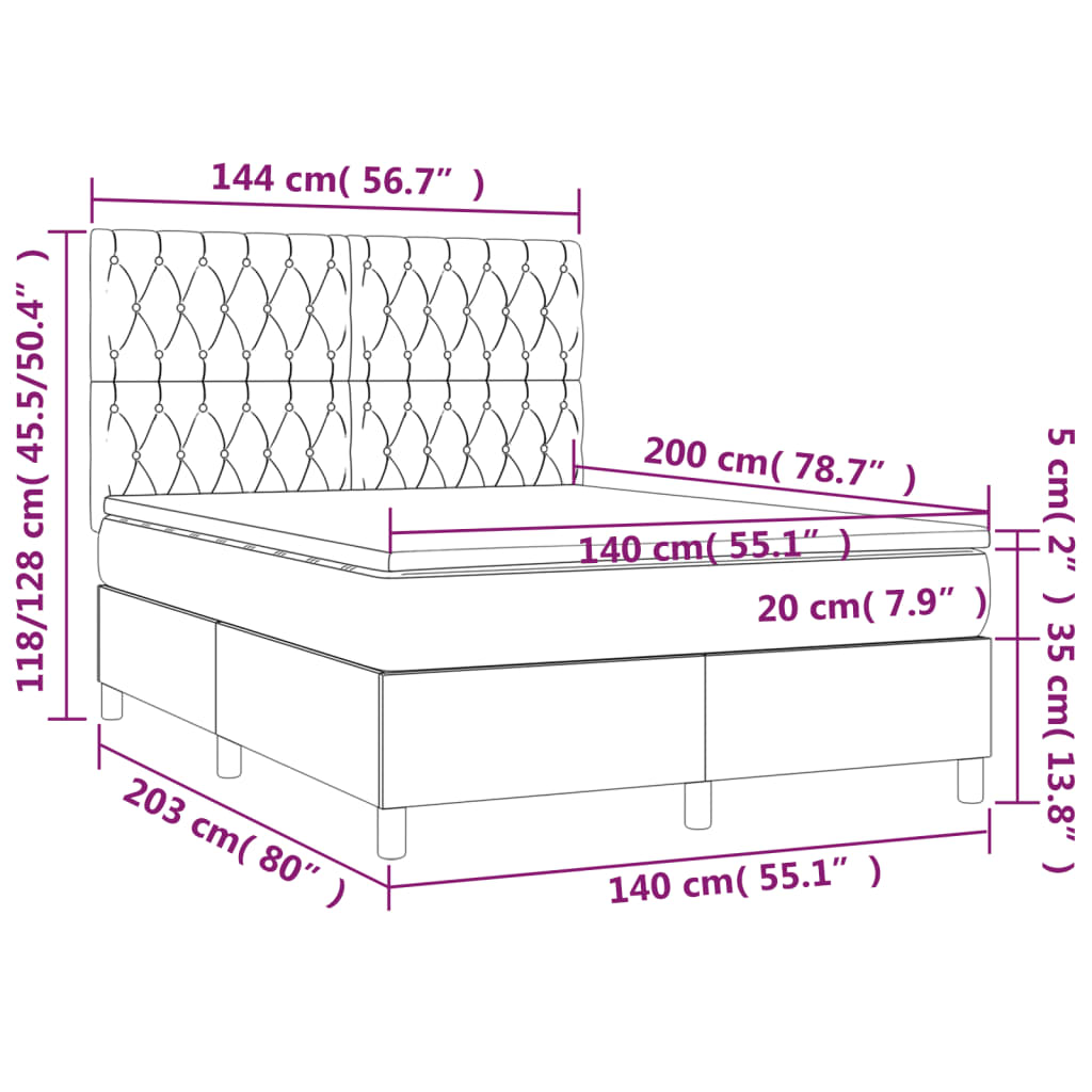 vidaXL Κρεβάτι Boxspring με Στρώμα & LED Μαύρο 140x200 εκ. Βελούδινο