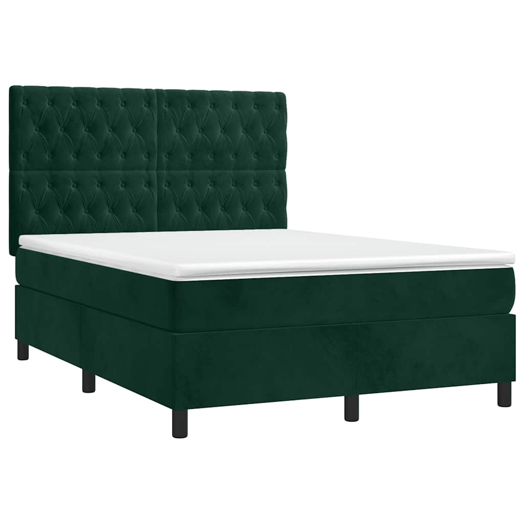 vidaXL Κρεβάτι Boxspring με Στρώμα & LED Σκ. Πράσινο 140x200εκ Βελούδο