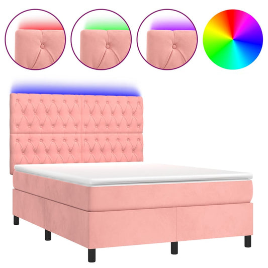 vidaXL Κρεβάτι Boxspring με Στρώμα & LED Ροζ 140x200 εκ. Βελούδινο