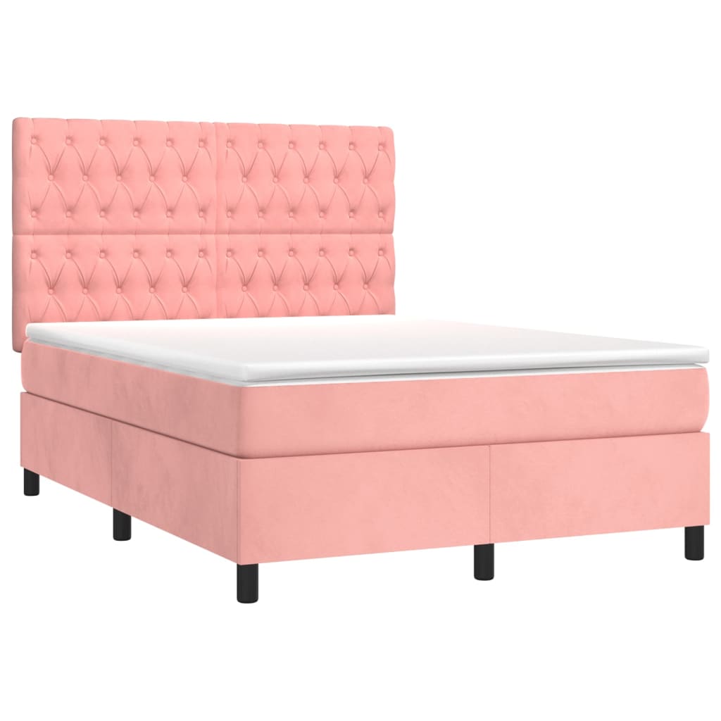 vidaXL Κρεβάτι Boxspring με Στρώμα & LED Ροζ 140x200 εκ. Βελούδινο