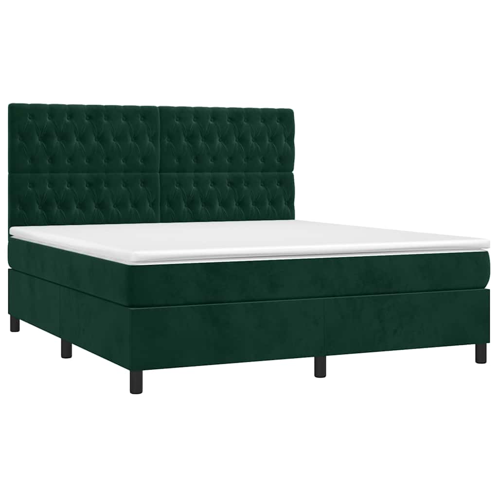 vidaXL Κρεβάτι Boxspring με Στρώμα & LED Σκ. Πράσινο 160x200εκ Βελούδο