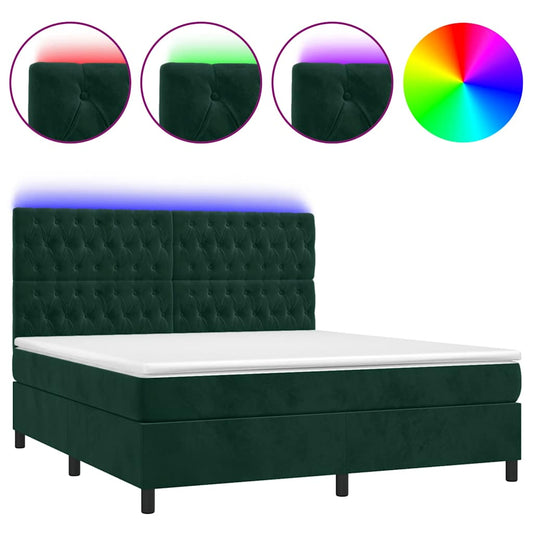 vidaXL Κρεβάτι Boxspring με Στρώμα & LED Σκ. Πράσινο 180x200εκ Βελούδο