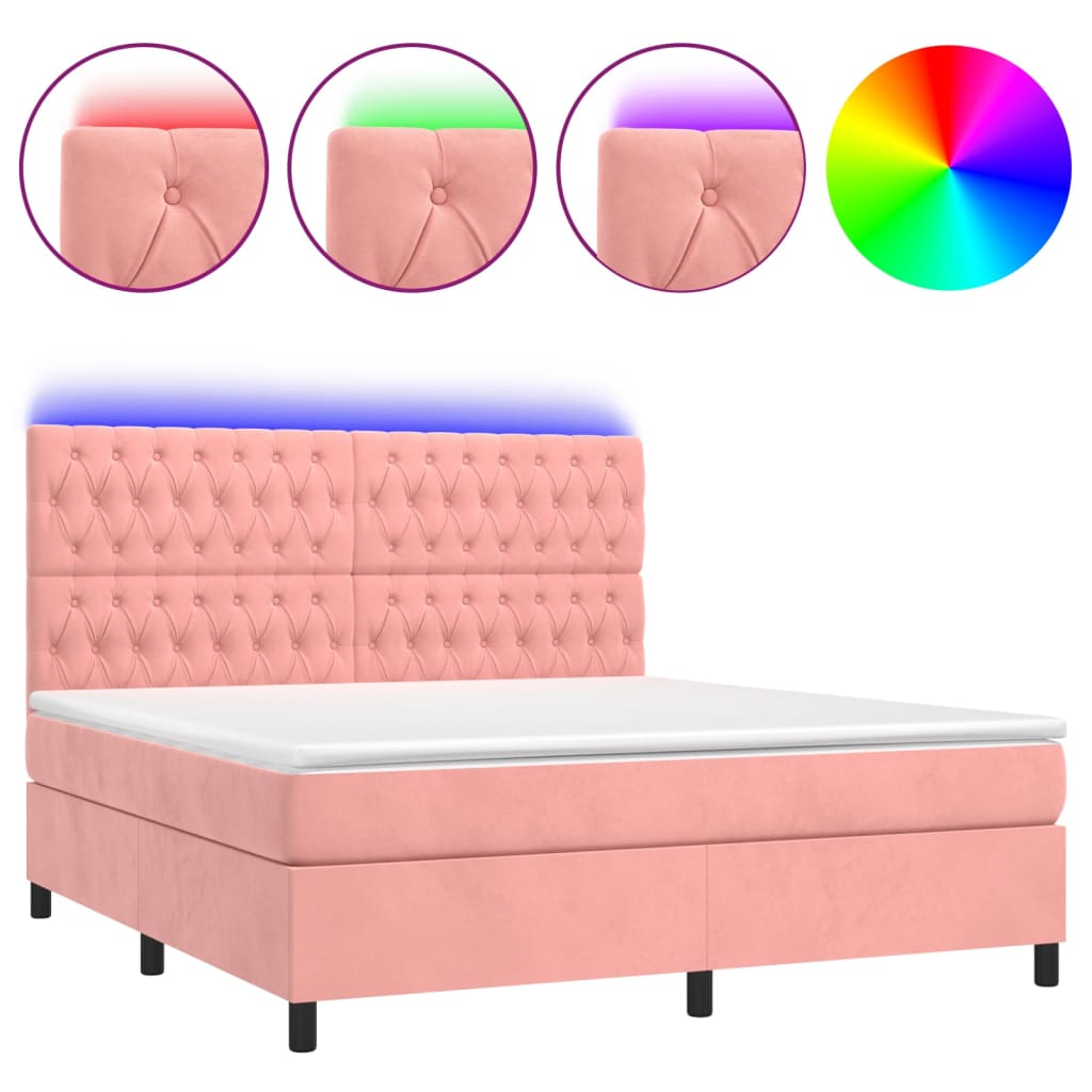 vidaXL Κρεβάτι Boxspring με Στρώμα & LED Ροζ 180x200 εκ. Βελούδινο