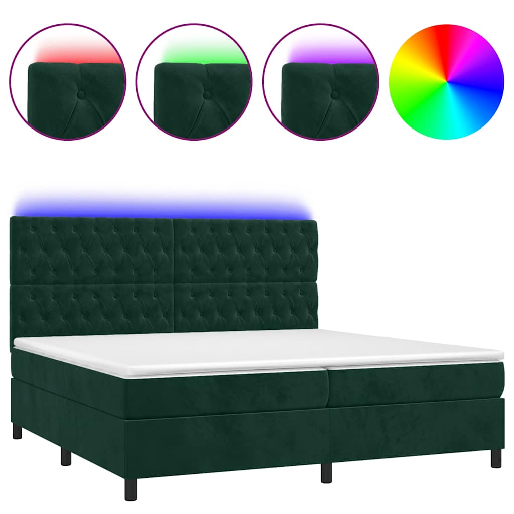 vidaXL Κρεβάτι Boxspring με Στρώμα & LED Σκ. Πράσινο 200x200εκ Βελούδο