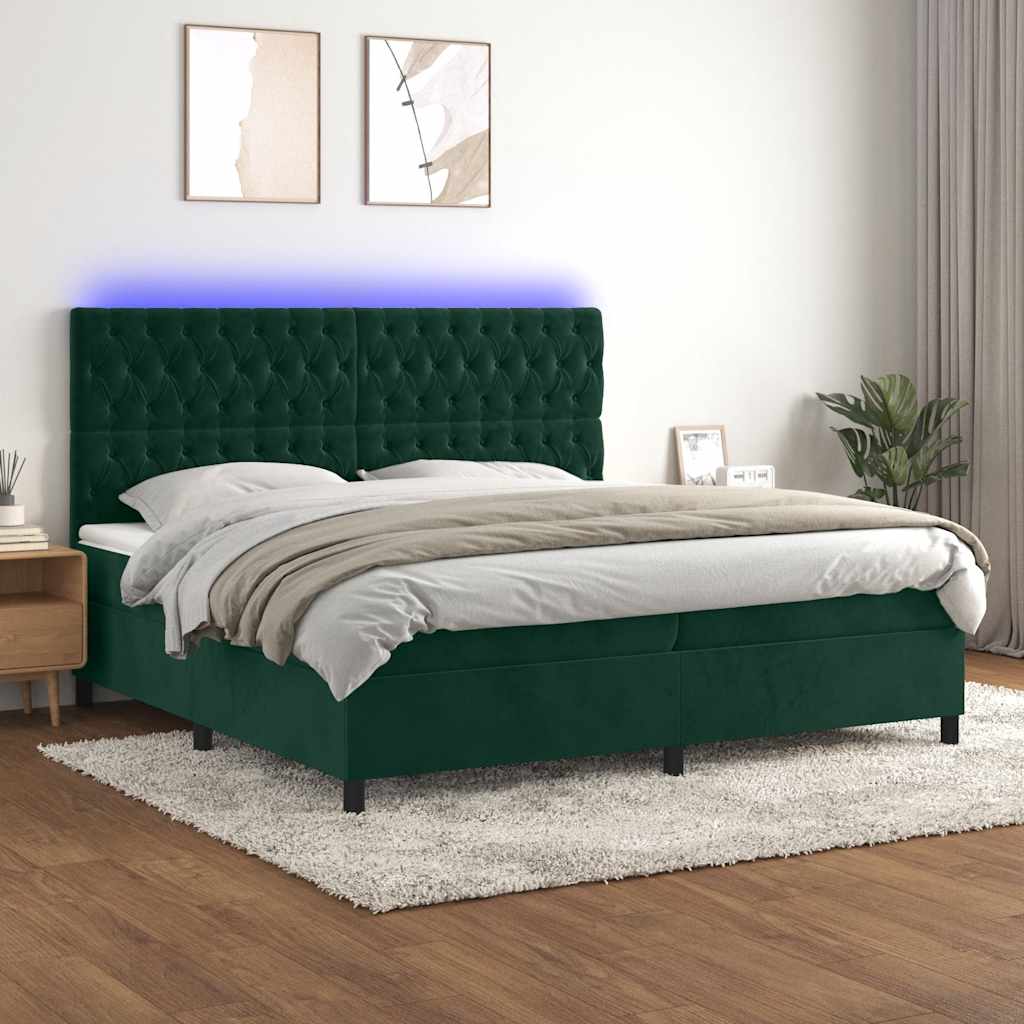 vidaXL Κρεβάτι Boxspring με Στρώμα & LED Σκ. Πράσινο 200x200εκ Βελούδο