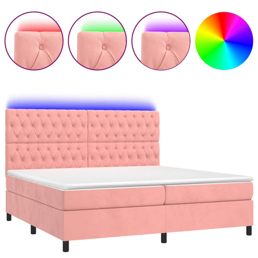 vidaXL Κρεβάτι Boxspring με Στρώμα & LED Ροζ 200x200 εκ. Βελούδινο