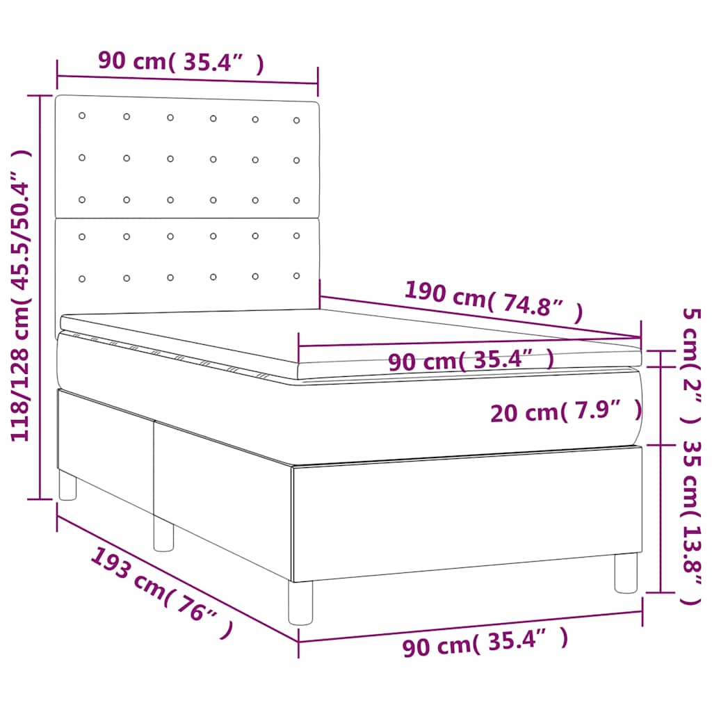 vidaXL Κρεβάτι Boxspring με Στρώμα & LED Σκ. Πράσινο 90x190 εκ Βελούδο