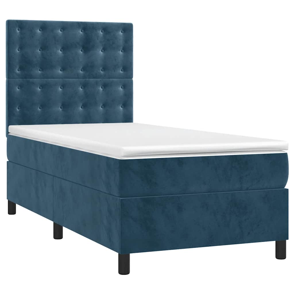 vidaXL Κρεβάτι Boxspring με Στρώμα & LED Σκ. Μπλε 90x190 εκ. Βελούδινο