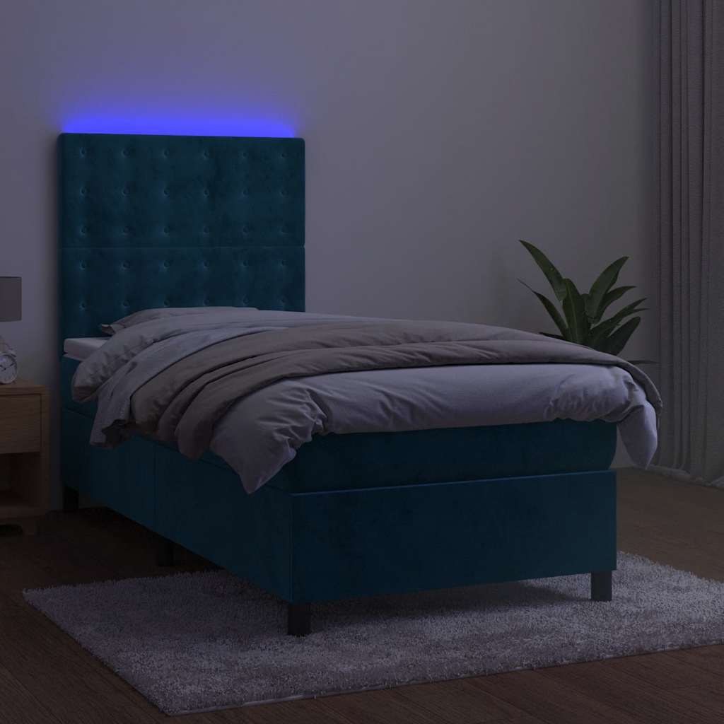 vidaXL Κρεβάτι Boxspring με Στρώμα & LED Σκ. Μπλε 90x190 εκ. Βελούδινο