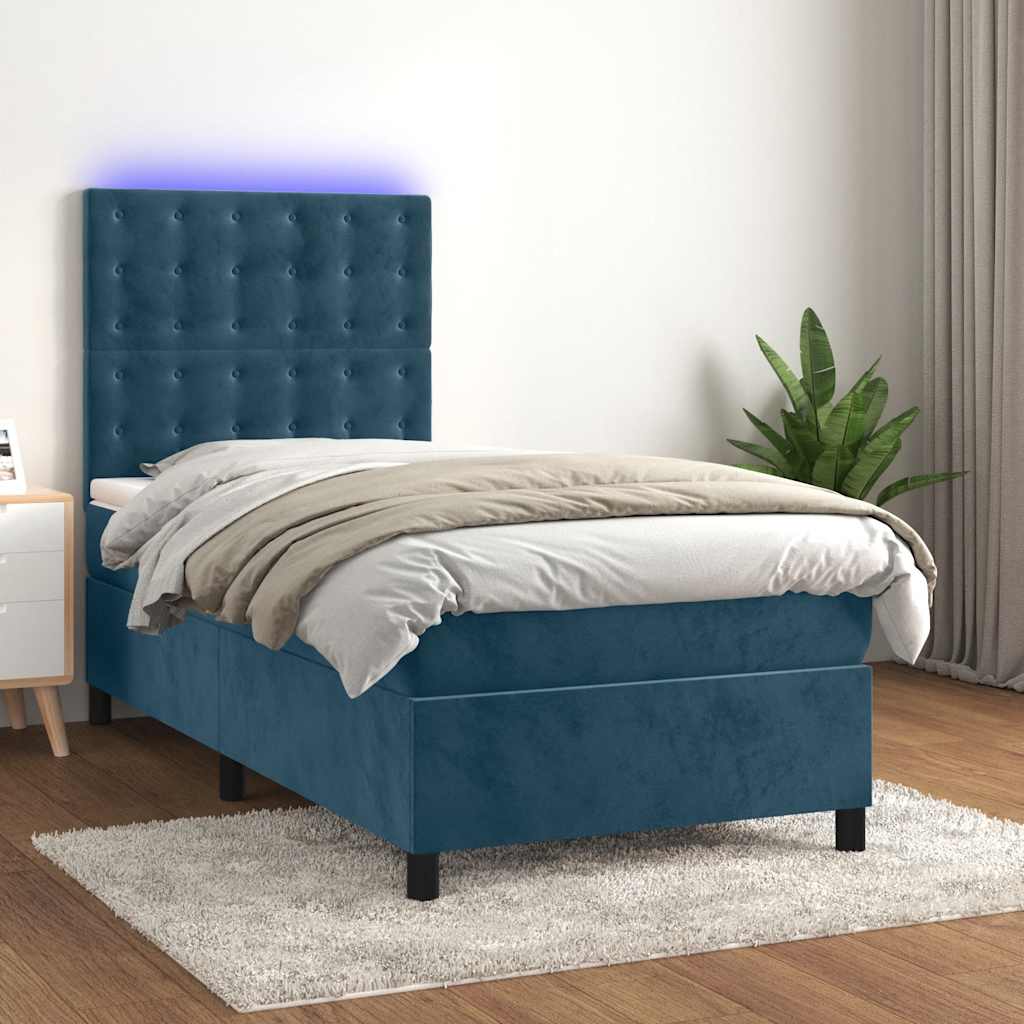 vidaXL Κρεβάτι Boxspring με Στρώμα & LED Σκ. Μπλε 90x190 εκ. Βελούδινο