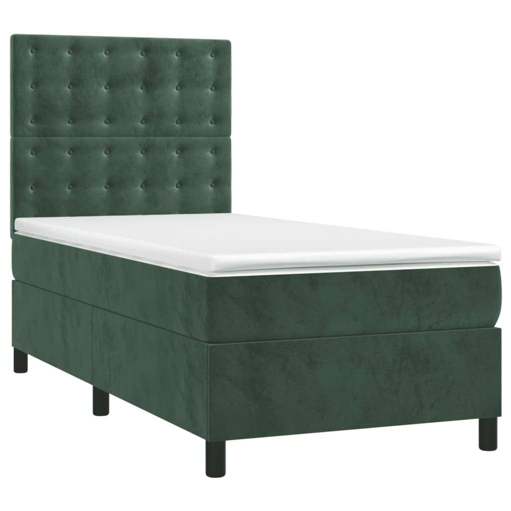 vidaXL Κρεβάτι Boxspring με Στρώμα & LED Σκ. Πράσινο 90x200 εκ Βελούδο