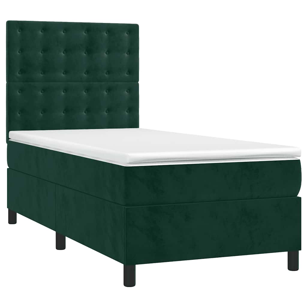 vidaXL Κρεβάτι Boxspring με Στρώμα & LED Σκ. Πράσινο 90x200 εκ Βελούδο