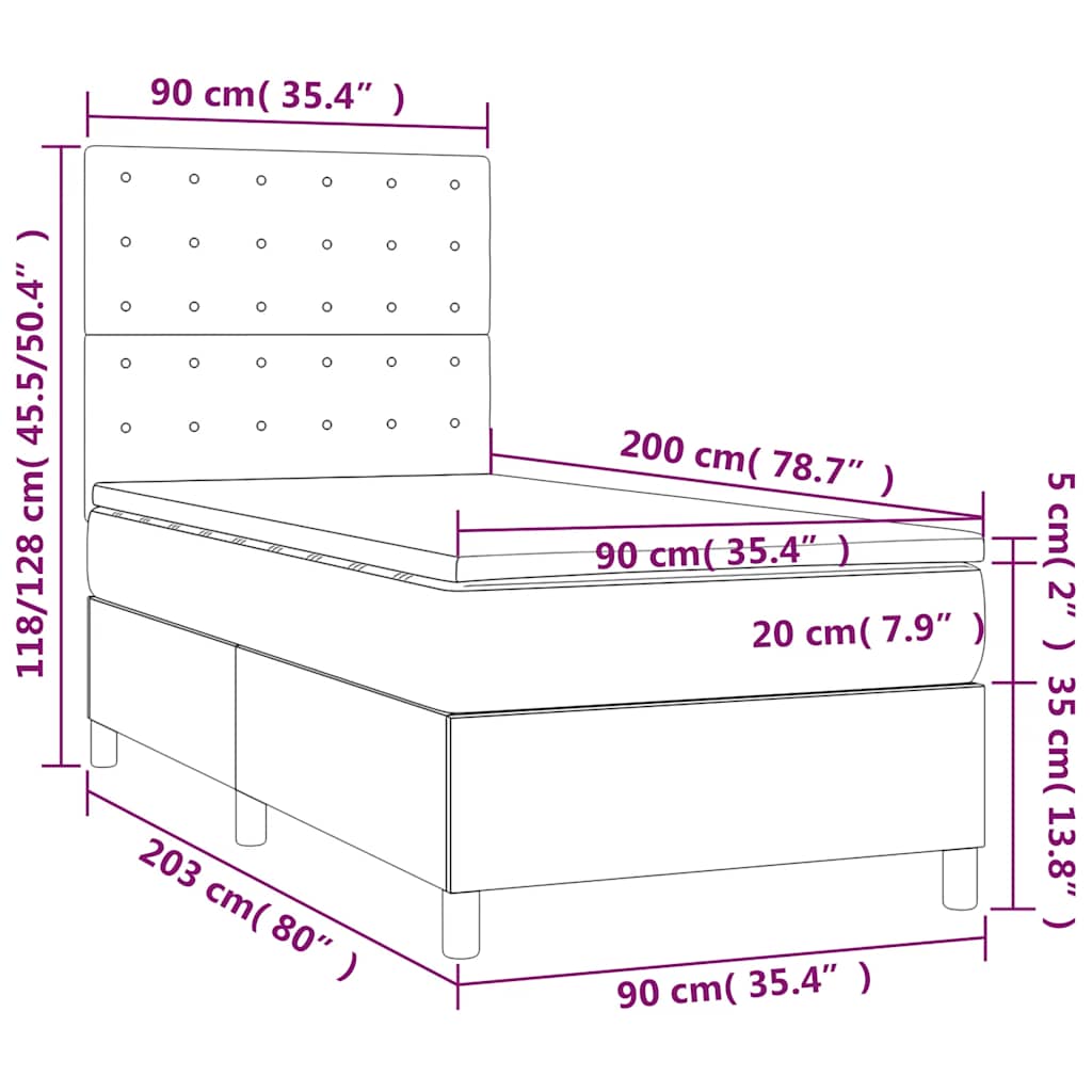 vidaXL Κρεβάτι Boxspring με Στρώμα & LED Σκ. Πράσινο 90x200 εκ Βελούδο