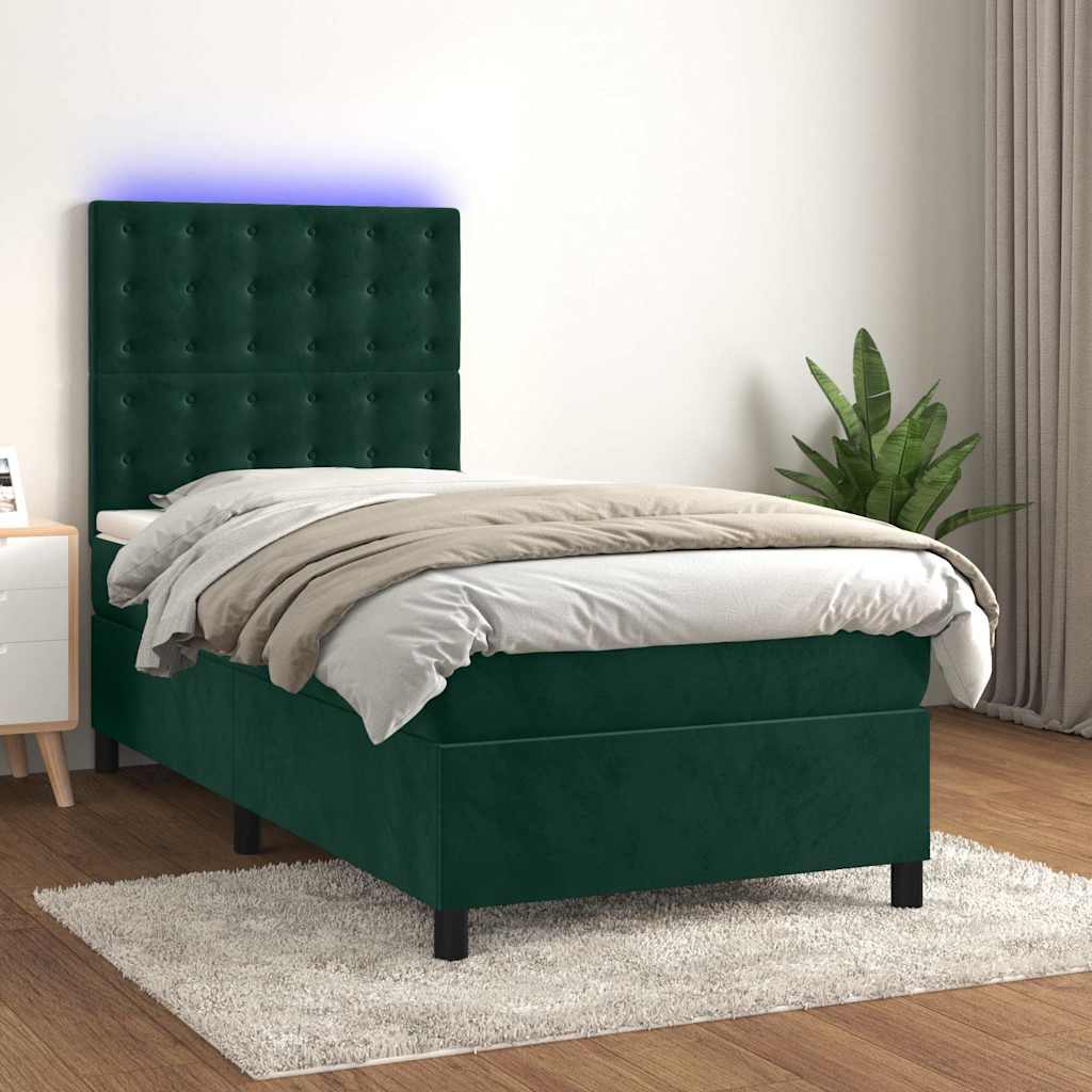 vidaXL Κρεβάτι Boxspring με Στρώμα & LED Σκ. Πράσινο 90x200 εκ Βελούδο