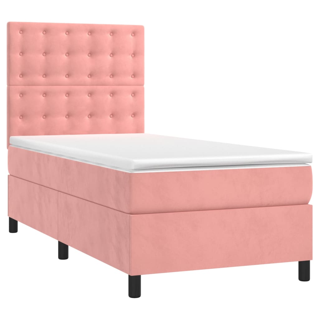 vidaXL Κρεβάτι Boxspring με Στρώμα & LED Ροζ 90x200 εκ. Βελούδινο