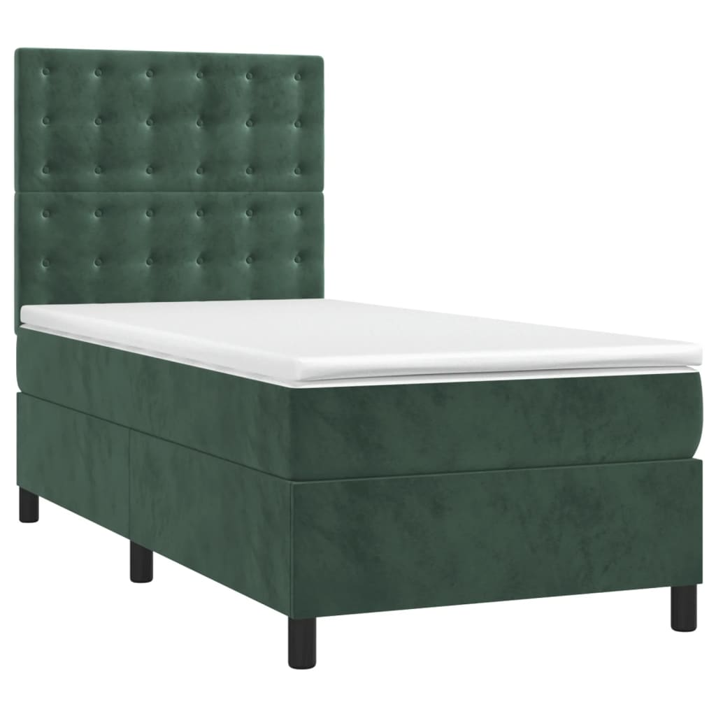 vidaXL Κρεβάτι Boxspring με Στρώμα & LED Σκ. Πράσινο 100x200εκ Βελούδο