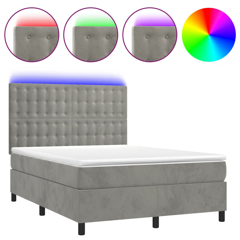 vidaXL Κρεβάτι Boxspring με Στρώμα&LED Αν. Γκρι 140x190 εκ. Βελούδινο