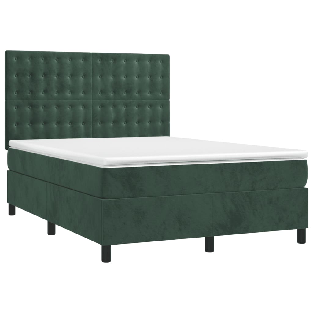 vidaXL Κρεβάτι Boxspring με Στρώμα & LED Σκ. Πράσινο 140x190εκ Βελούδο