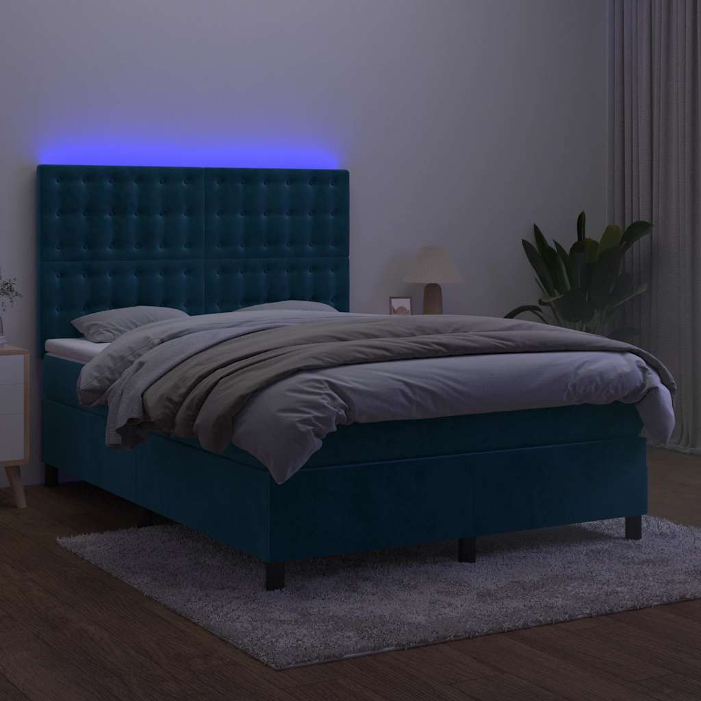 vidaXL Κρεβάτι Boxspring με Στρώμα & LED Σκ. Μπλε 140x190εκ. Βελούδινο