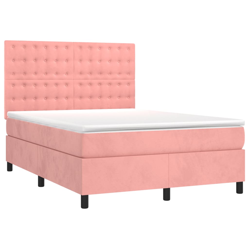 vidaXL Κρεβάτι Boxspring με Στρώμα & LED Ροζ 140x190 εκ. Βελούδινο
