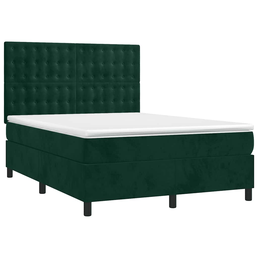vidaXL Κρεβάτι Boxspring με Στρώμα & LED Σκ. Πράσινο 140x200εκ Βελούδο