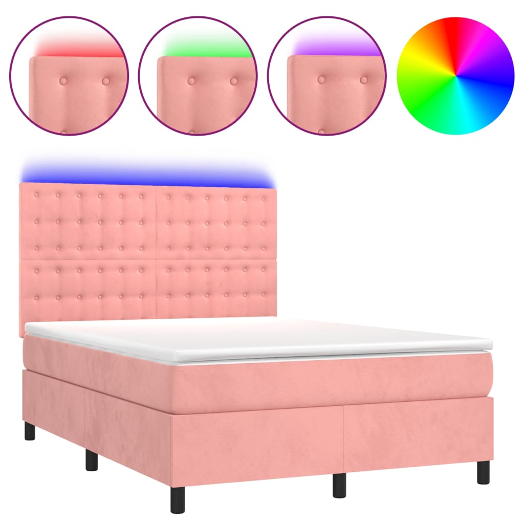 vidaXL Κρεβάτι Boxspring με Στρώμα & LED Ροζ 140x200 εκ. Βελούδινο