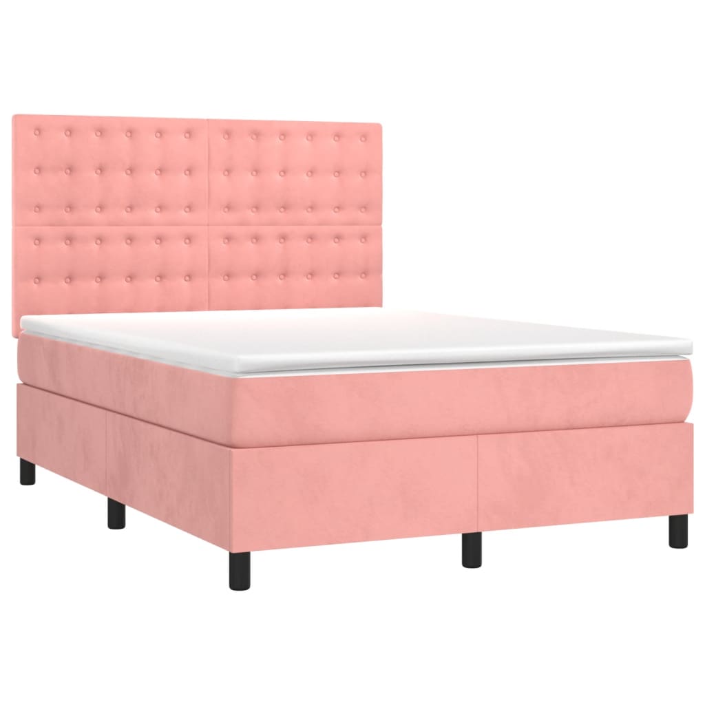 vidaXL Κρεβάτι Boxspring με Στρώμα & LED Ροζ 140x200 εκ. Βελούδινο