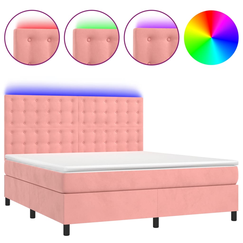 vidaXL Κρεβάτι Boxspring με Στρώμα & LED Ροζ 160x200 εκ. Βελούδινο